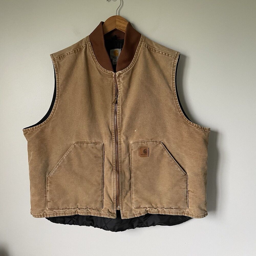 Vintage Carhartt Duck Vest Quilt Lined Insulated Sandstone Brown Black Men's 2XL